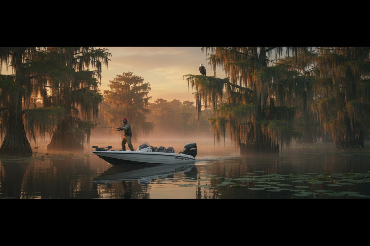Swamp Hero - Fisherman Red Hat, Ranger Boat, Bald Eagle